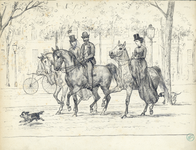 818652 Afbeelding van twee dames en een heer te paard in de Maliebaan te Utrecht; op de achtergrond een vélocipède.